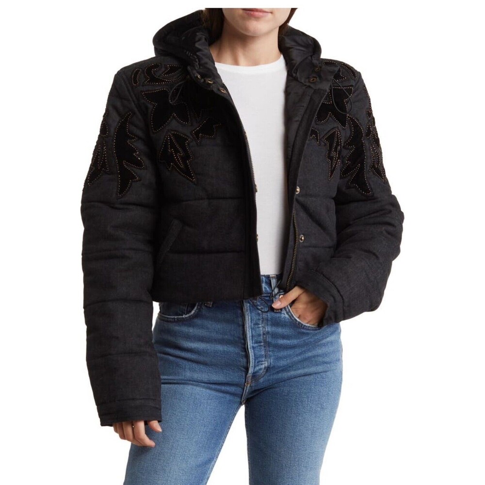Free People Fleur De Lis Denim Puffer Jacket Size S